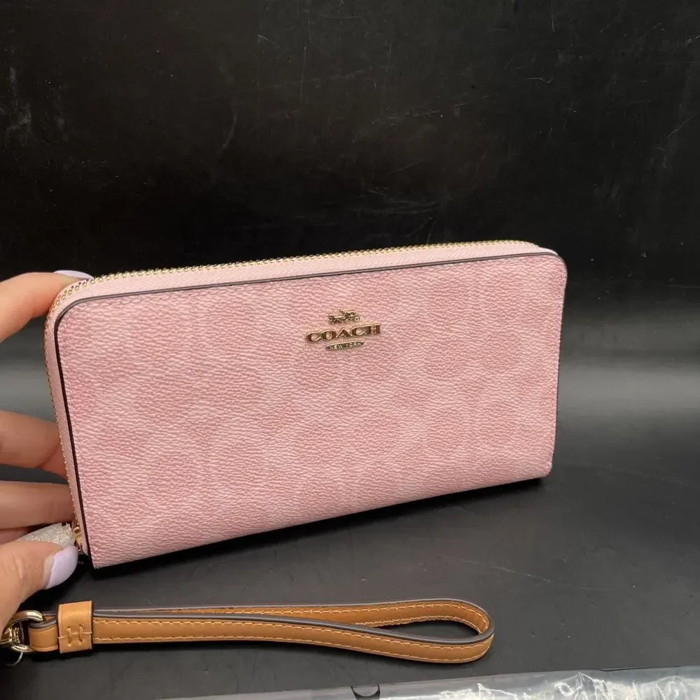Coach CEC20 Long Zip Around Wallet Signature Coated Canvas Powder Pink Wristlet